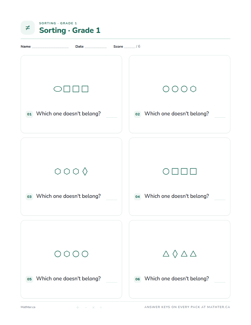 Intermediate Grade 1 sorting worksheet, page one