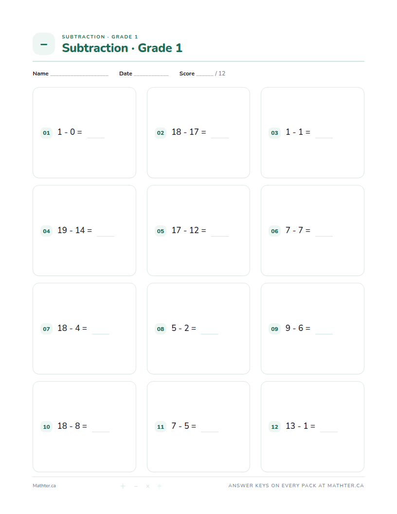 Intermediate Grade 1 subtraction worksheet, page one