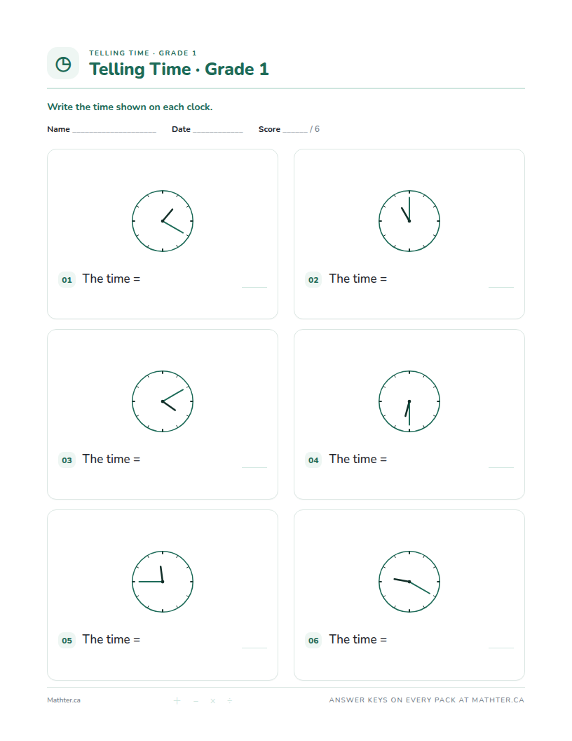 Advanced Grade 1 telling time worksheet, page one