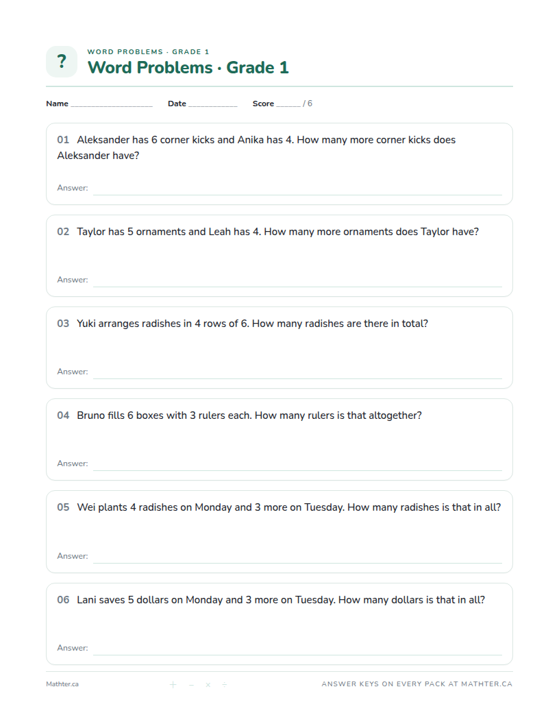 Beginner Grade 1 word problem worksheet, page one