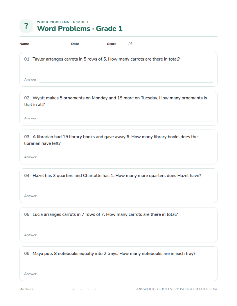 Advanced Grade 1 word problem worksheet, page one
