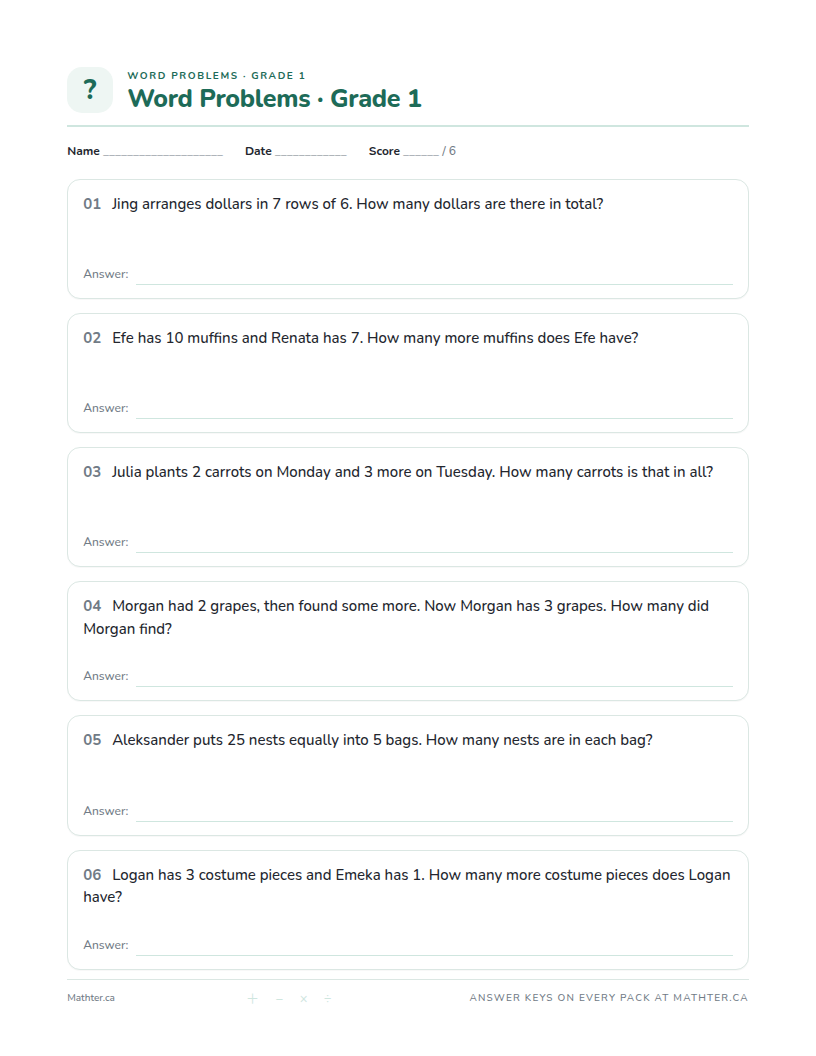 Intermediate Grade 1 word problem worksheet, page one