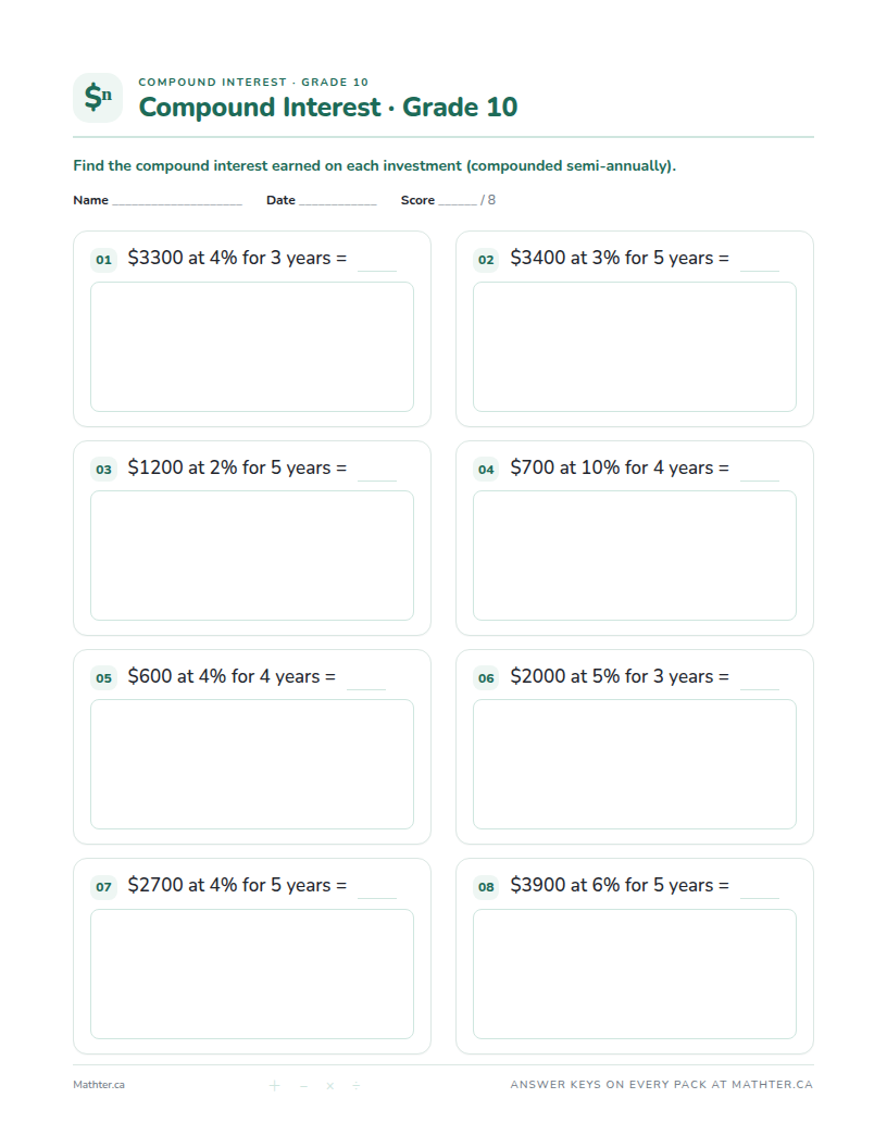 Advanced Grade 10 compound interest worksheet, page one