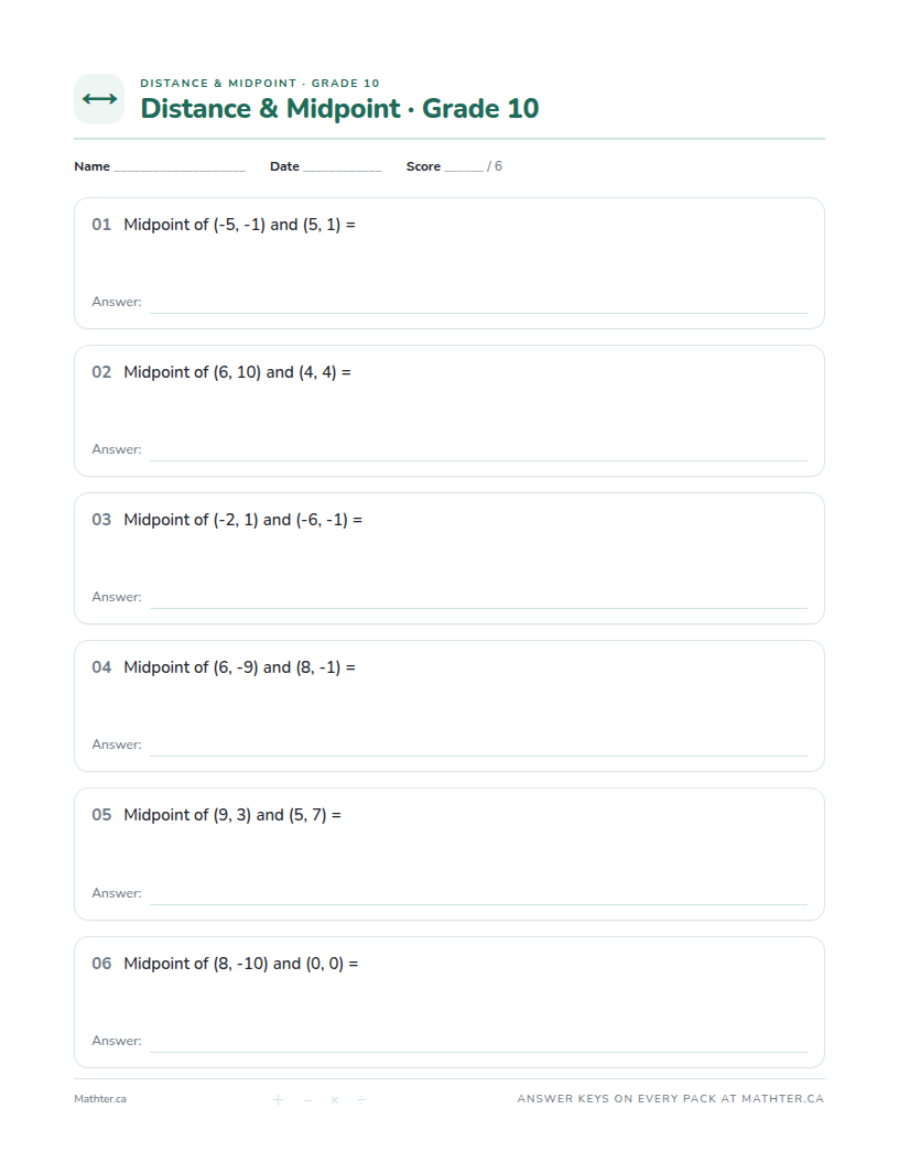 Beginner Grade 10 distance & midpoint worksheet, page one