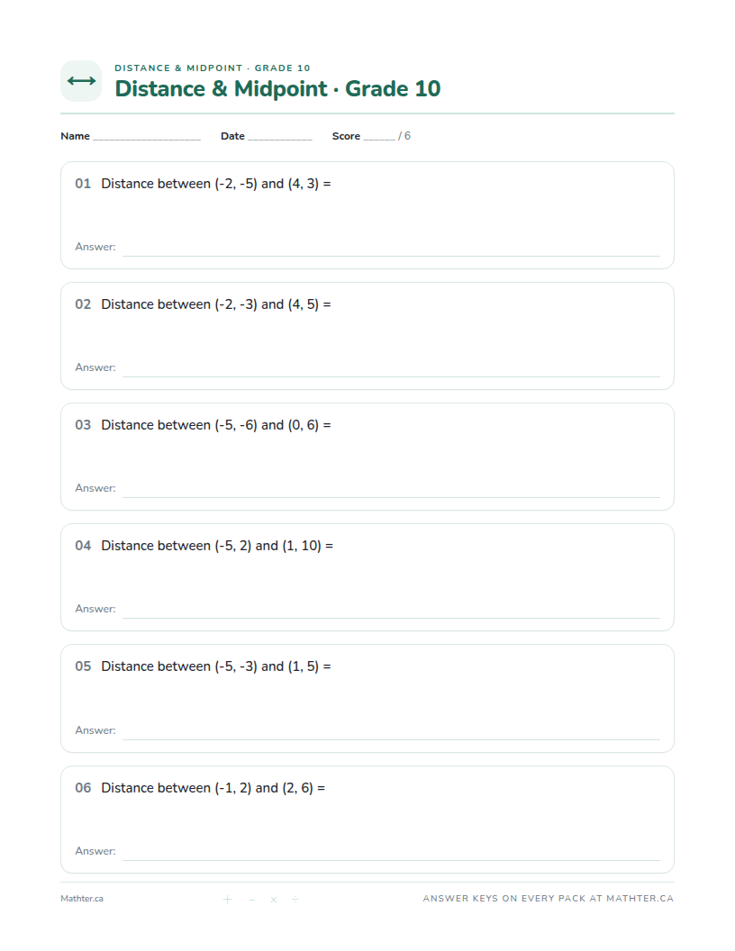 Intermediate Grade 10 distance & midpoint worksheet, page one