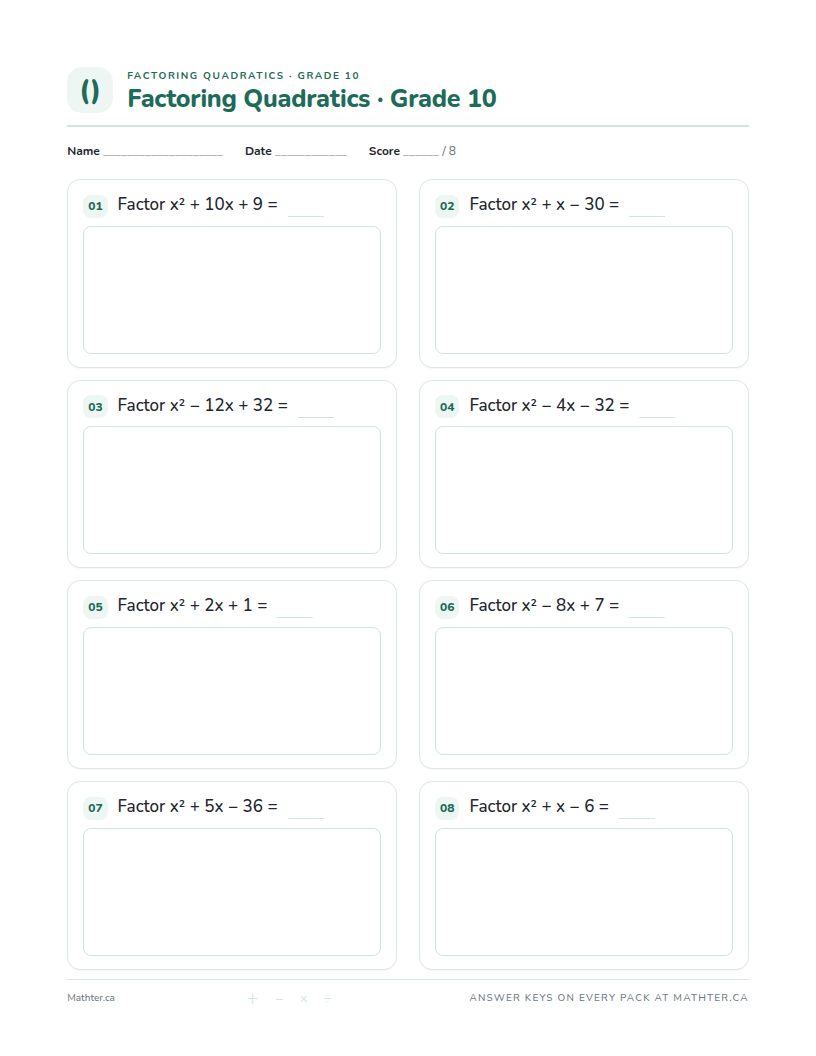 Intermediate Grade 10 factoring worksheet, page one