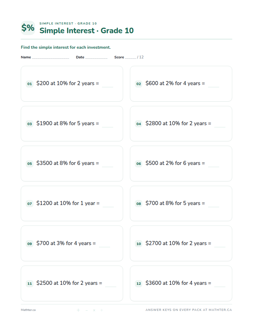 Advanced Grade 10 simple interest worksheet, page one