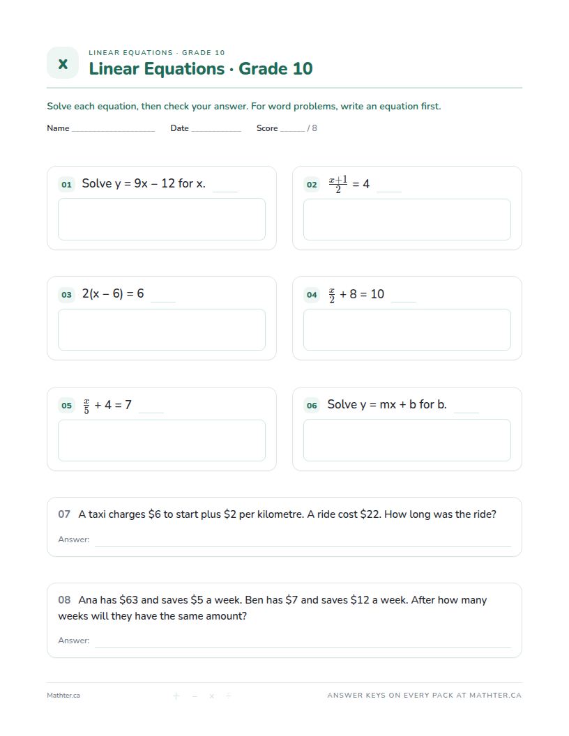 Beginner Grade 10 linear equations worksheet, page one