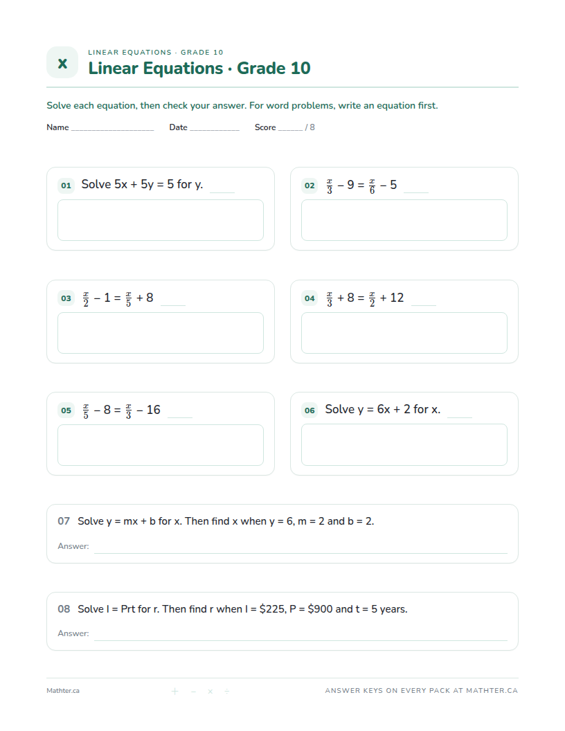 Advanced Grade 10 linear equations worksheet, page one