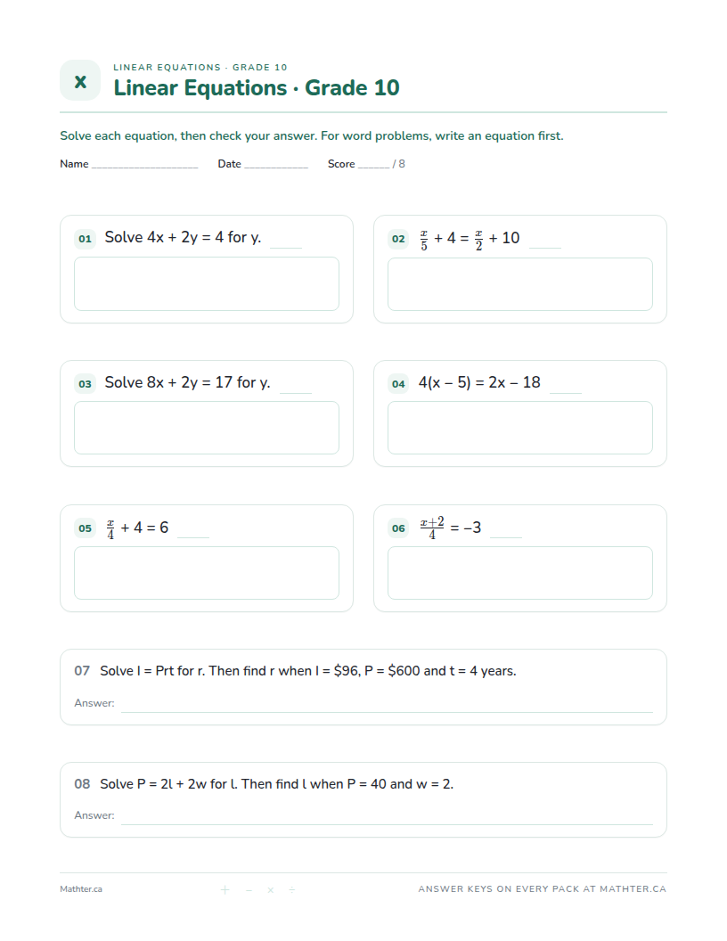 Intermediate Grade 10 linear equations worksheet, page one