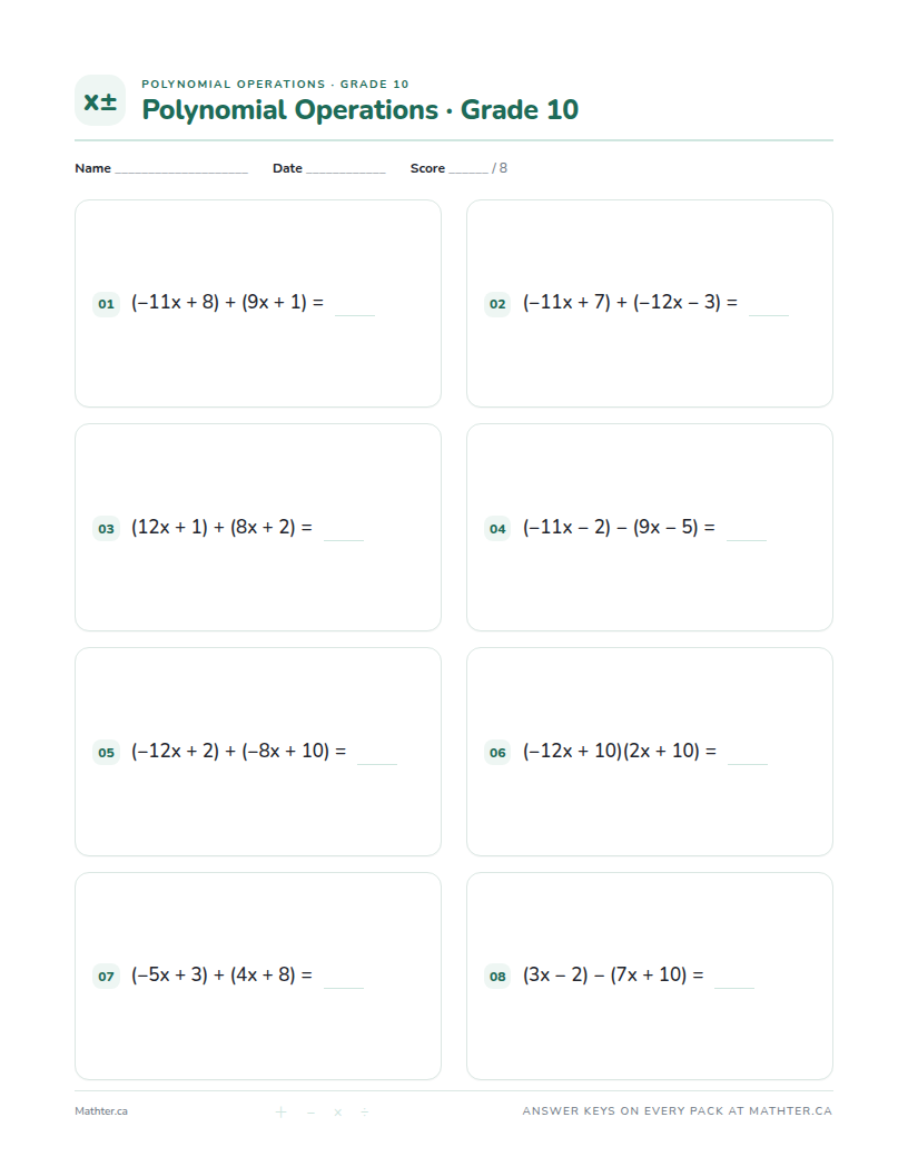 Advanced Grade 10 polynomial operations worksheet, page one