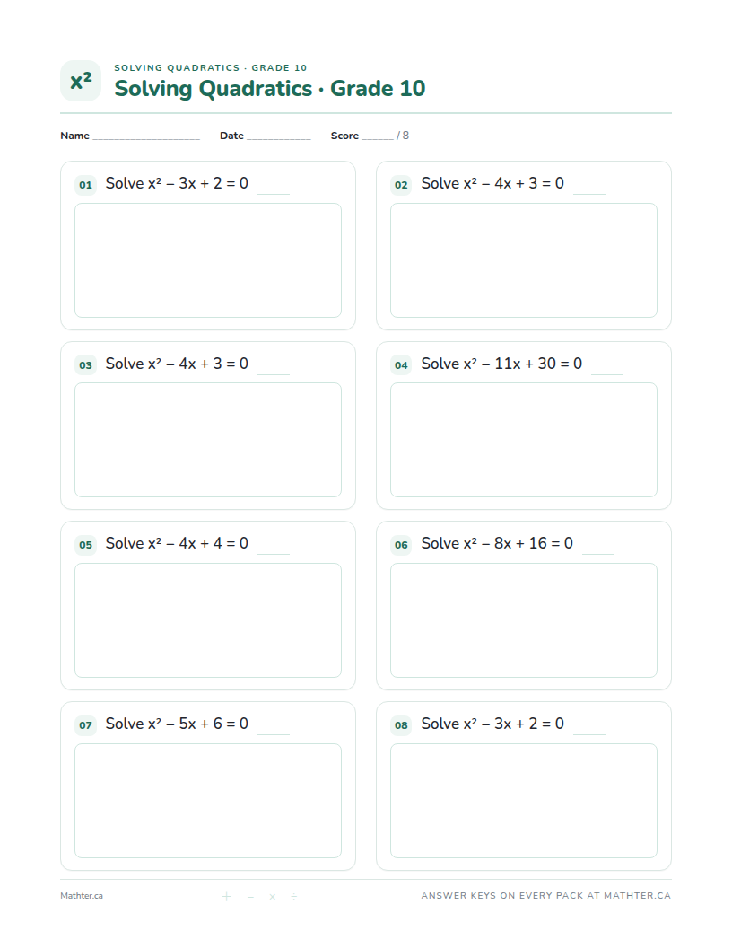 Beginner Grade 10 quadratic equations worksheet, page one