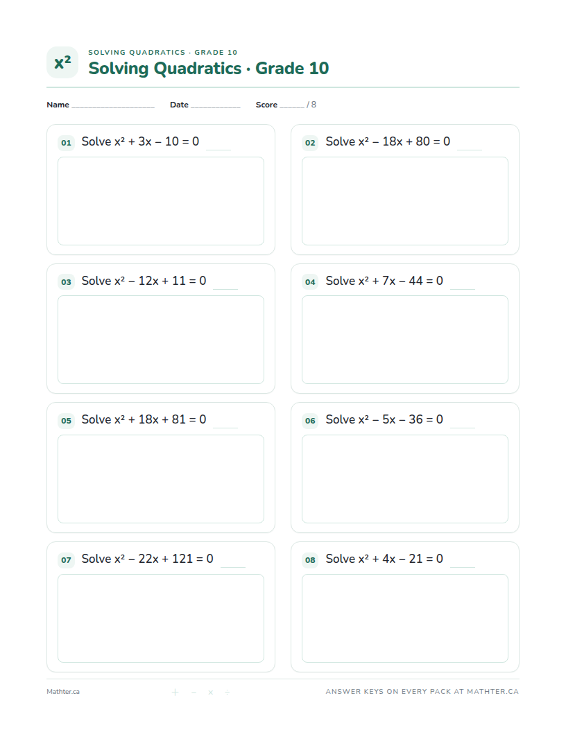 Advanced Grade 10 quadratic equations worksheet, page one