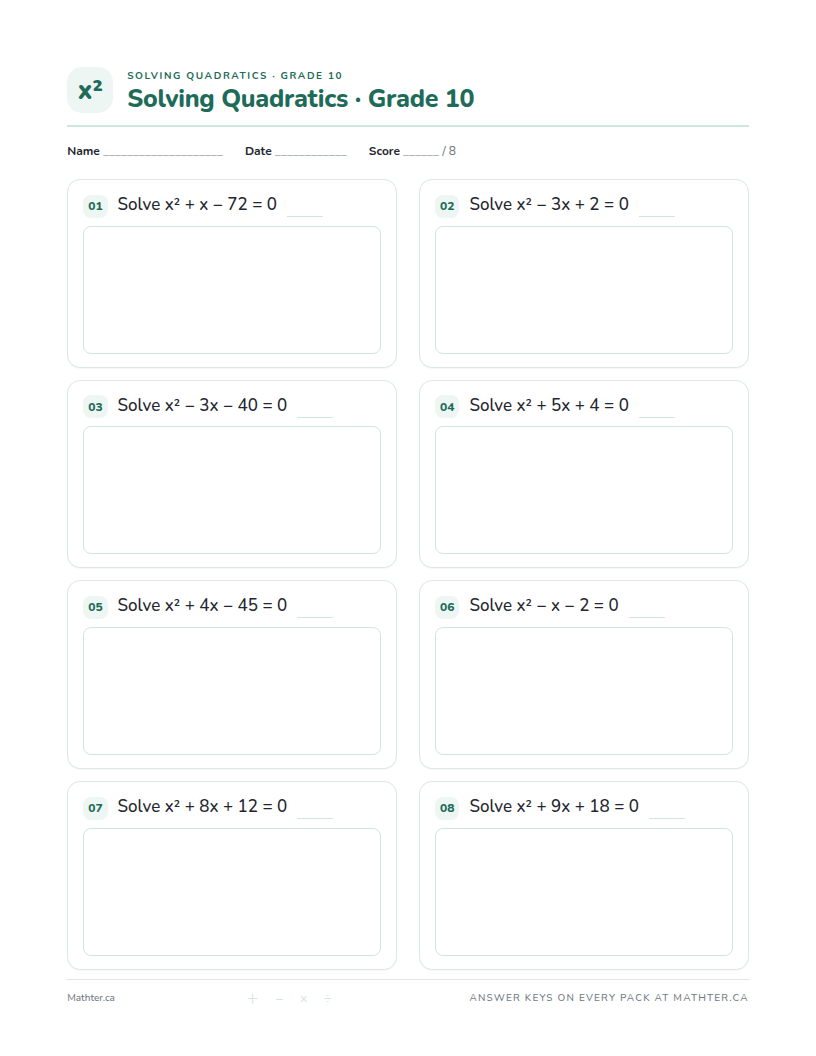 Intermediate Grade 10 quadratic equations worksheet, page one