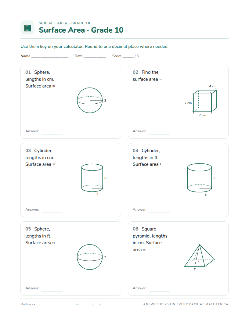 Beginner Grade 10 surface area worksheet, page one