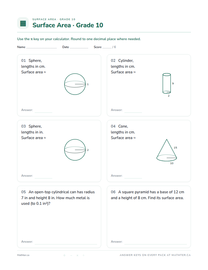 Advanced Grade 10 surface area worksheet, page one