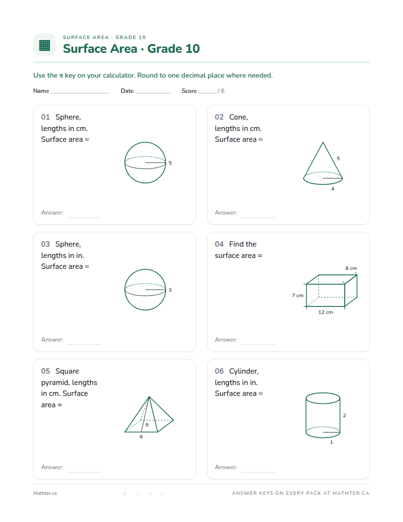 Intermediate Grade 10 surface area worksheet, page one
