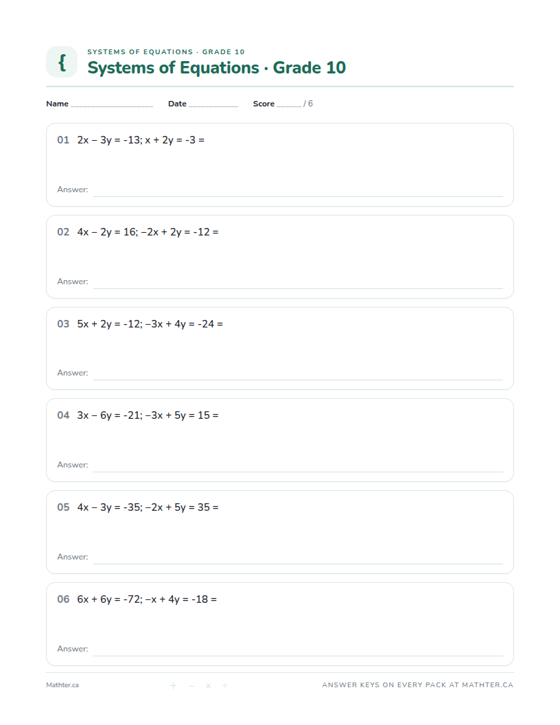 Intermediate Grade 10 systems of equations worksheet, page one