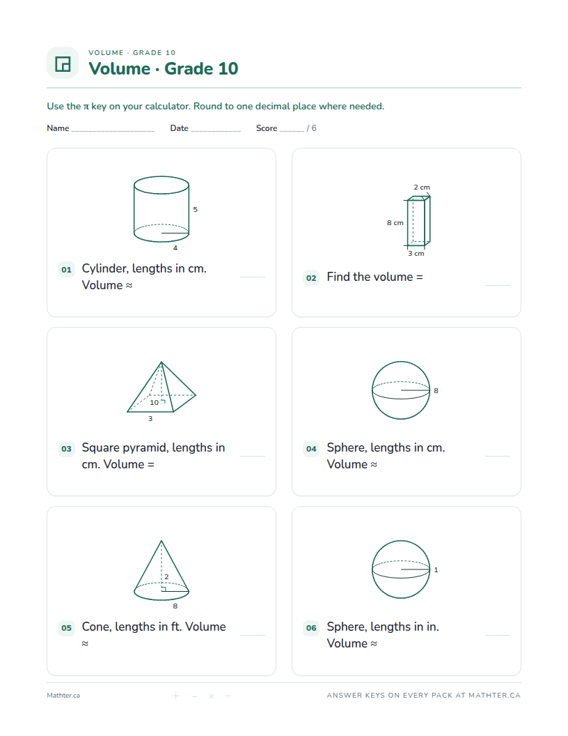 Beginner Grade 10 volume worksheet, page one