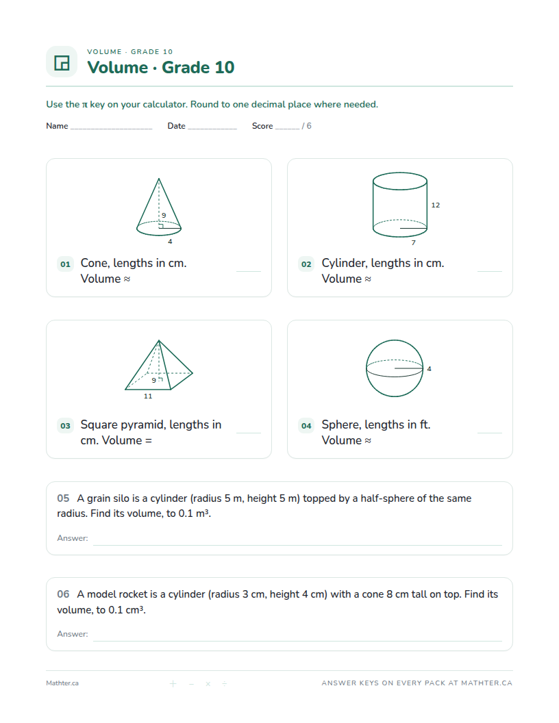 Advanced Grade 10 volume worksheet, page one