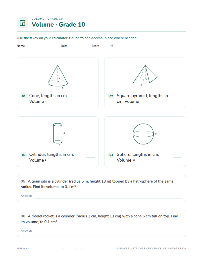 Intermediate Grade 10 volume worksheet, page one