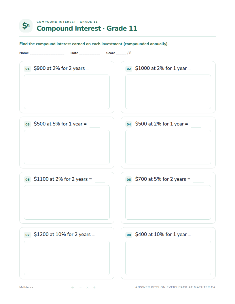 Beginner Grade 11 compound interest worksheet, page one