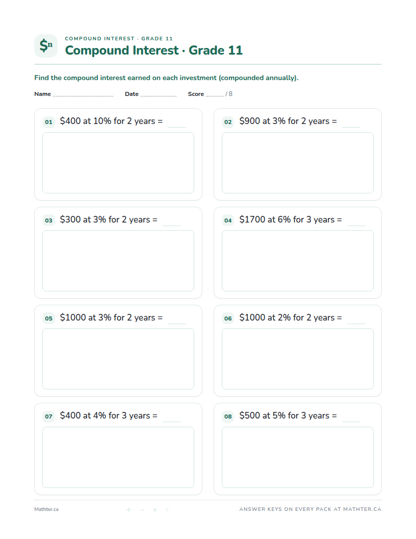 Intermediate Grade 11 compound interest worksheet, page one