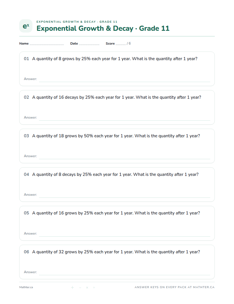 Beginner Grade 11 exponential growth & decay worksheet, page one
