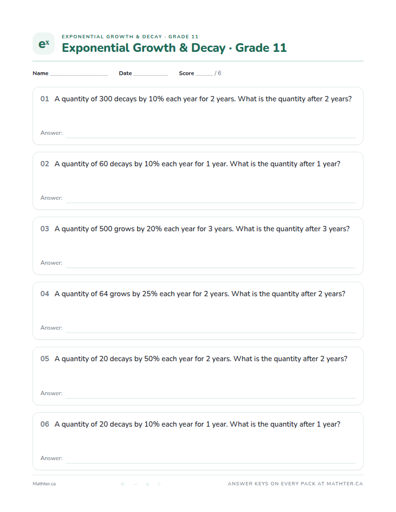 Advanced Grade 11 exponential growth & decay worksheet, page one