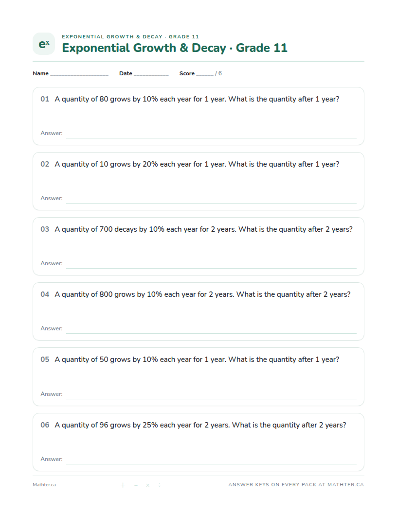 Intermediate Grade 11 exponential growth & decay worksheet, page one