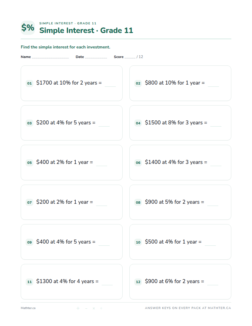 Intermediate Grade 11 simple interest worksheet, page one
