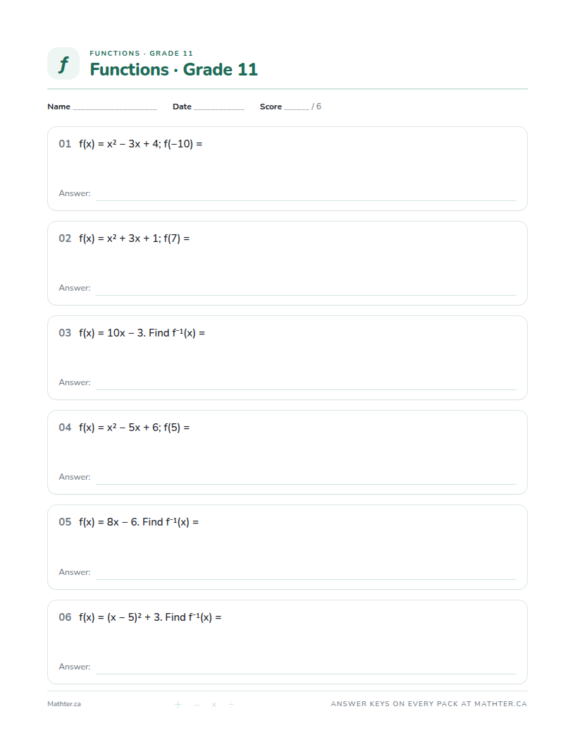 Advanced Grade 11 function worksheet, page one