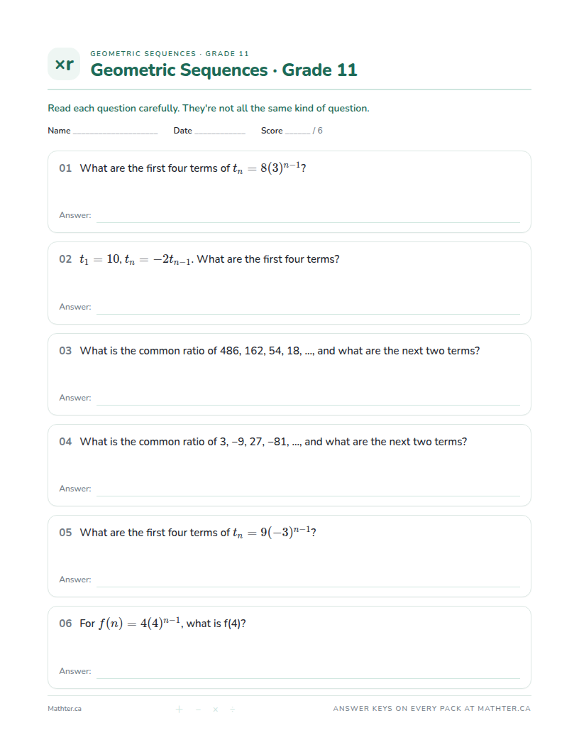 Beginner Grade 11 geometric sequence worksheet, page one