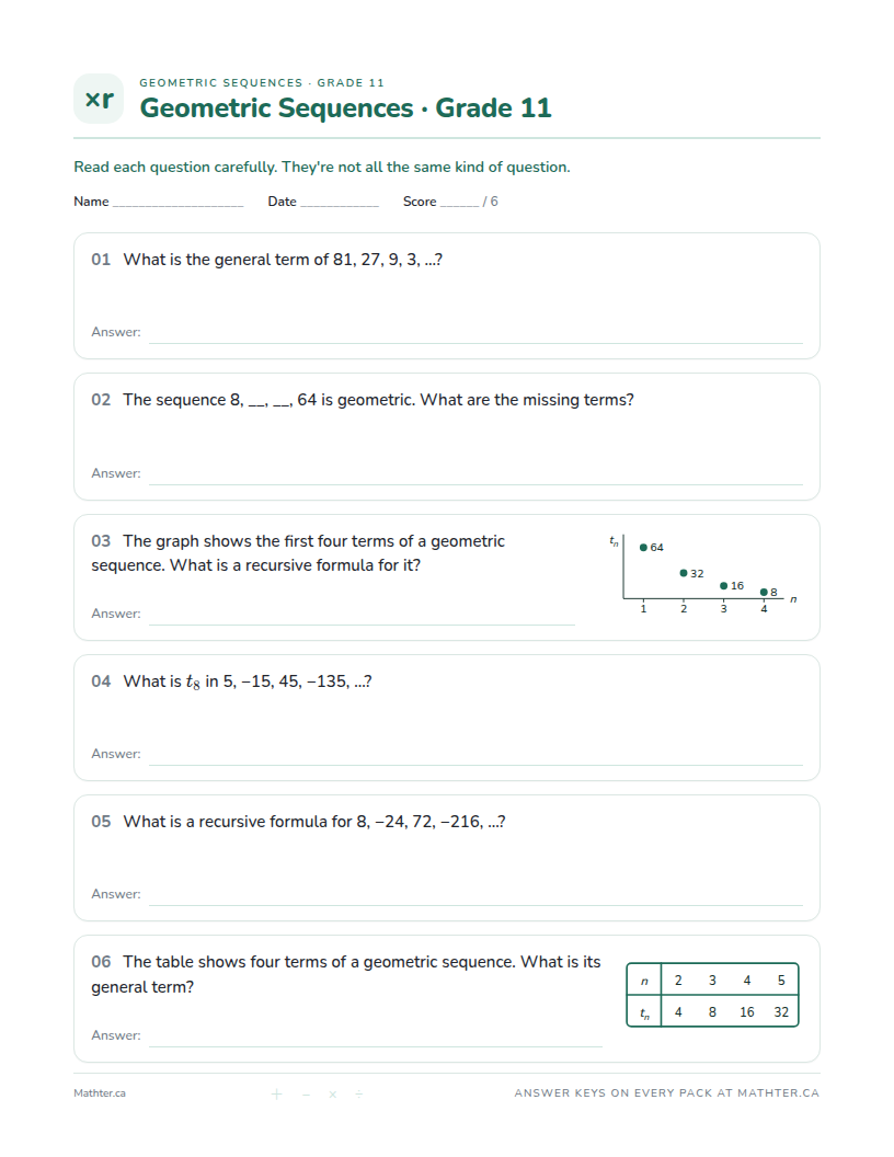 Intermediate Grade 11 geometric sequence worksheet, page one