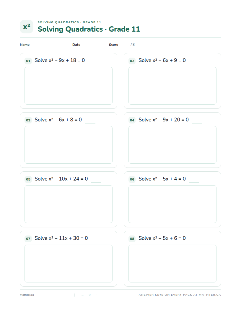 Beginner Grade 11 quadratic equations worksheet, page one