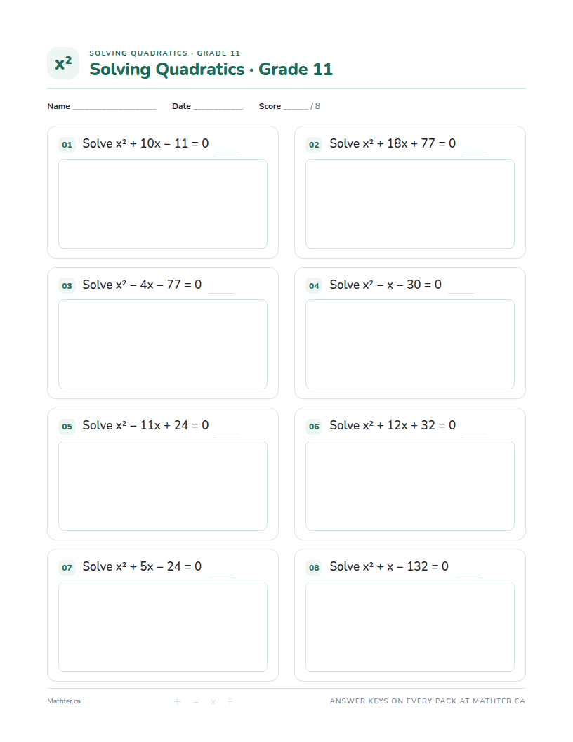 Advanced Grade 11 quadratic equations worksheet, page one