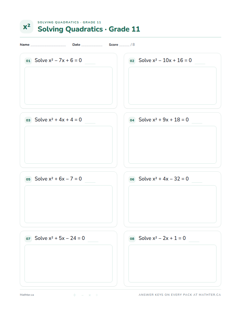 Intermediate Grade 11 quadratic equations worksheet, page one
