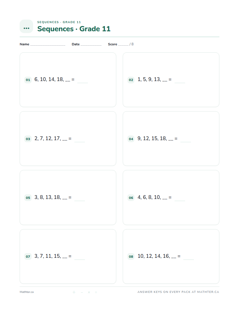 Beginner Grade 11 sequences worksheet, page one