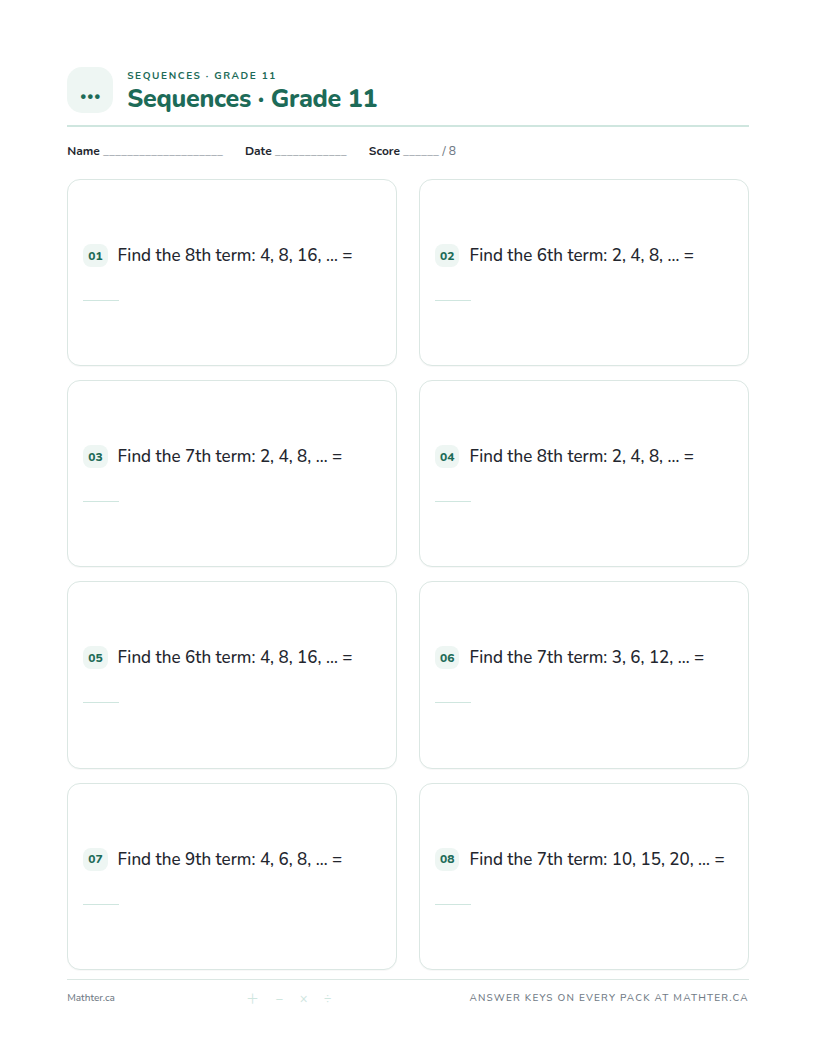 Advanced Grade 11 sequences worksheet, page one