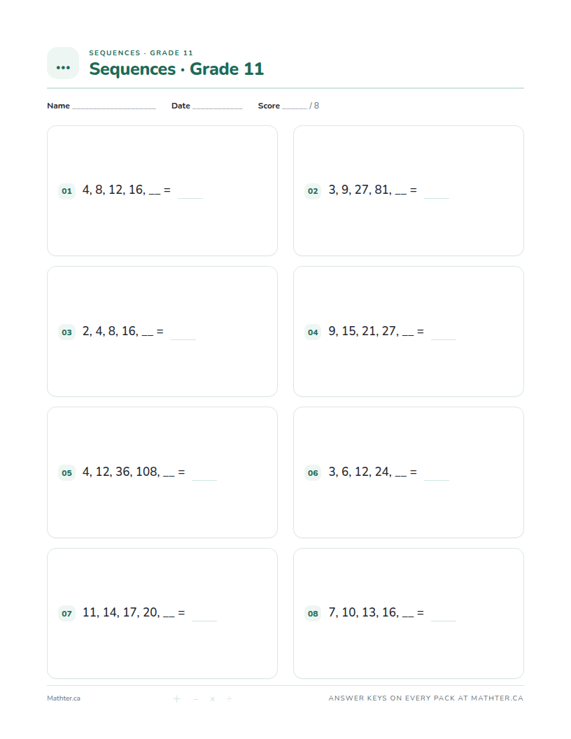 Intermediate Grade 11 sequences worksheet, page one