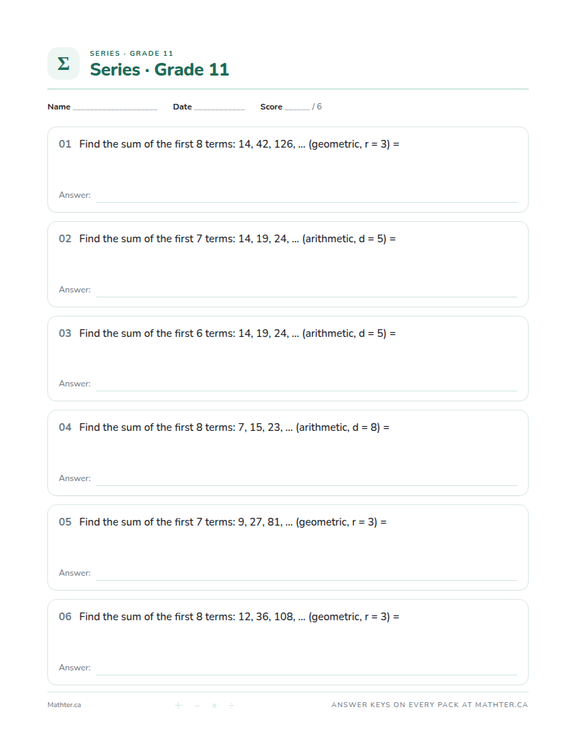 Advanced Grade 11 series worksheet, page one