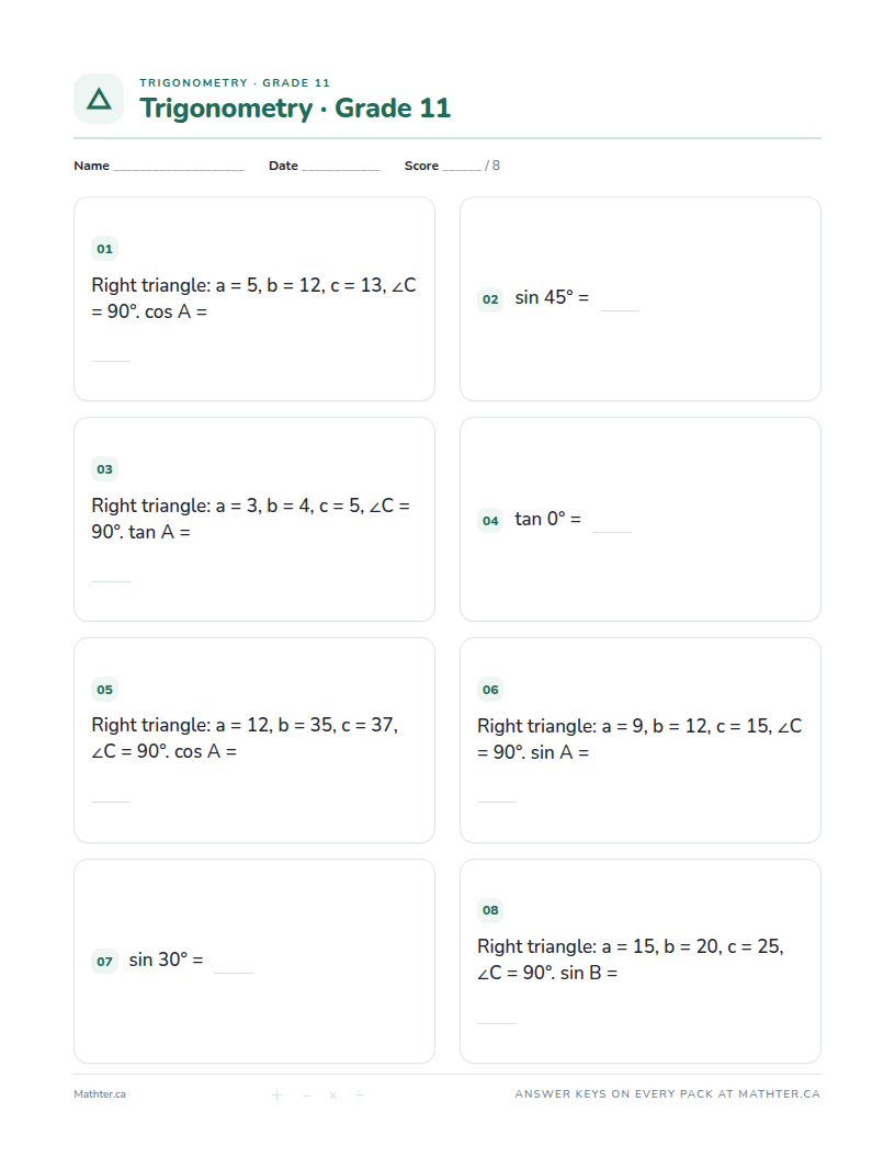 Beginner Grade 11 trigonometry worksheet, page one