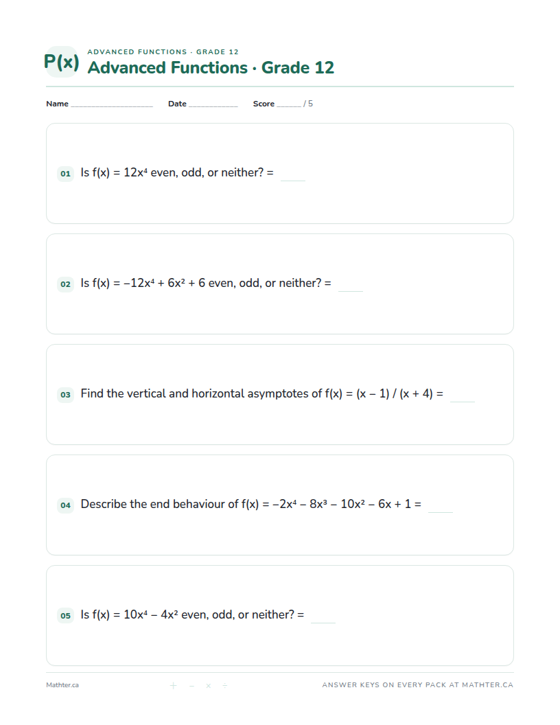 Advanced Grade 12 advanced functions worksheet, page one