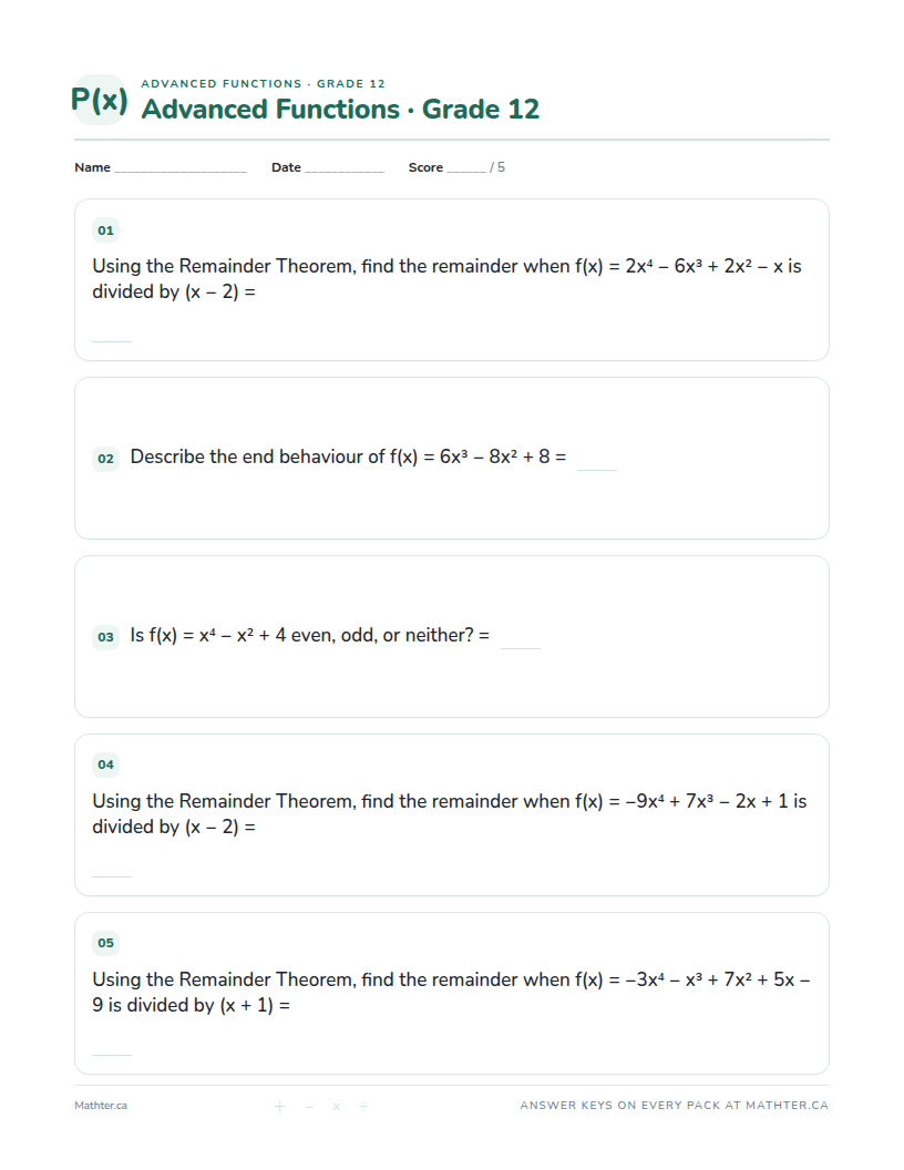 Intermediate Grade 12 advanced functions worksheet, page one