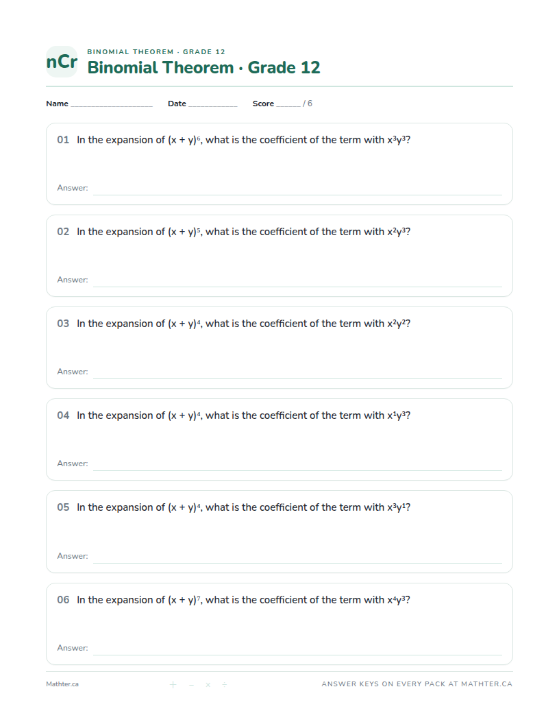 Beginner Grade 12 binomial theorem worksheet, page one