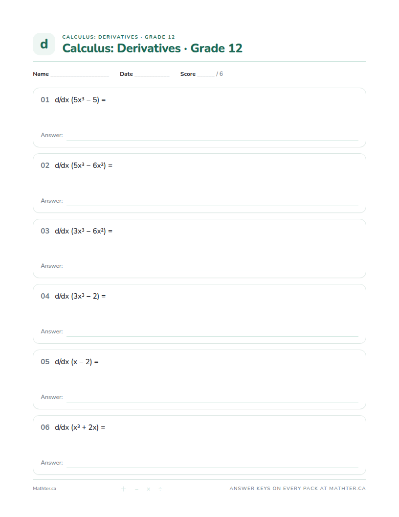 Beginner Grade 12 derivatives (calculus) worksheet, page one