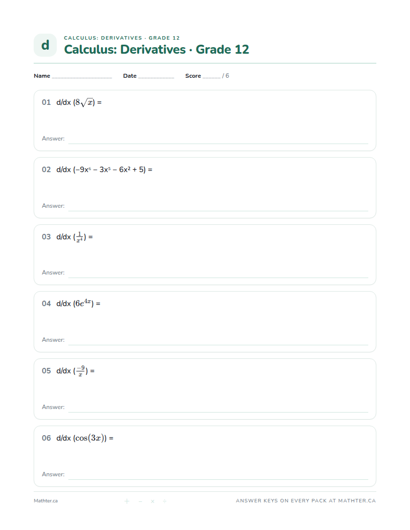Advanced Grade 12 derivatives (calculus) worksheet, page one