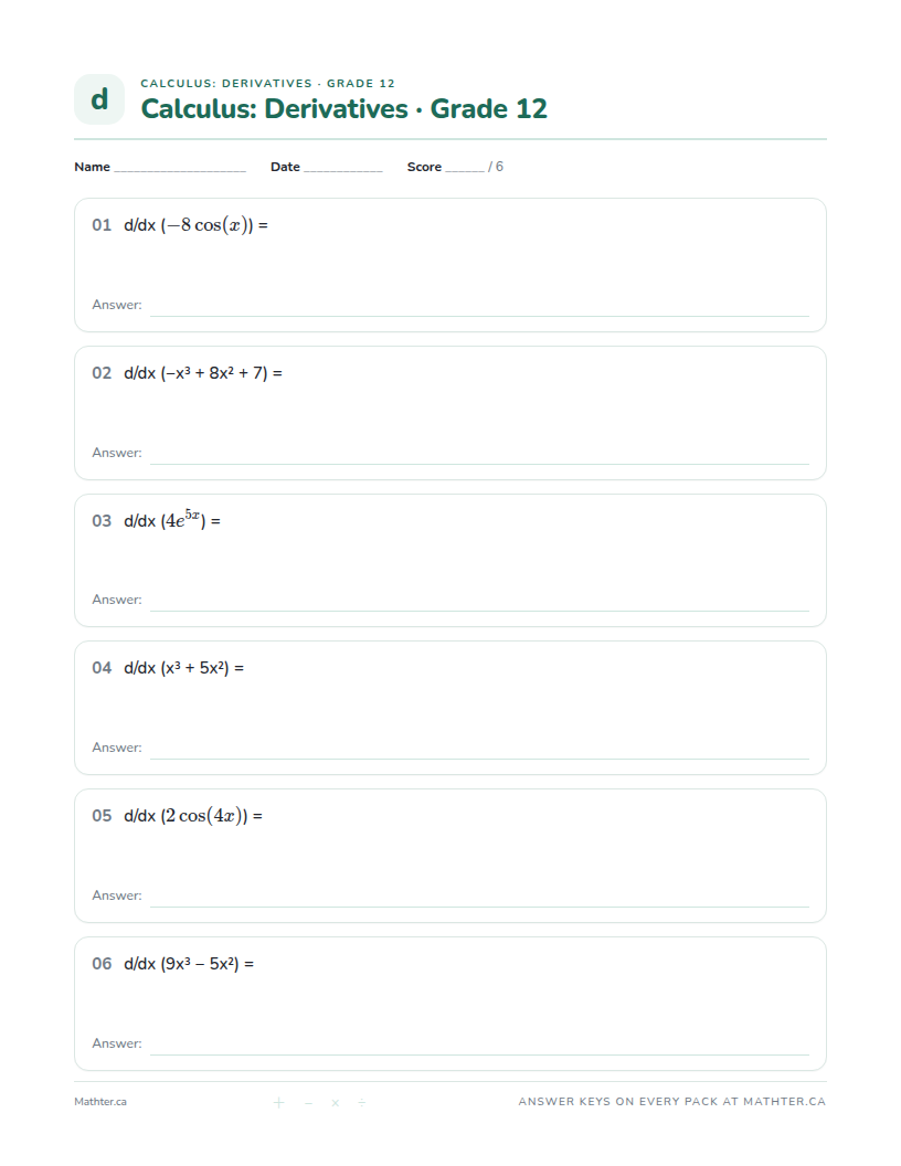 Intermediate Grade 12 derivatives (calculus) worksheet, page one