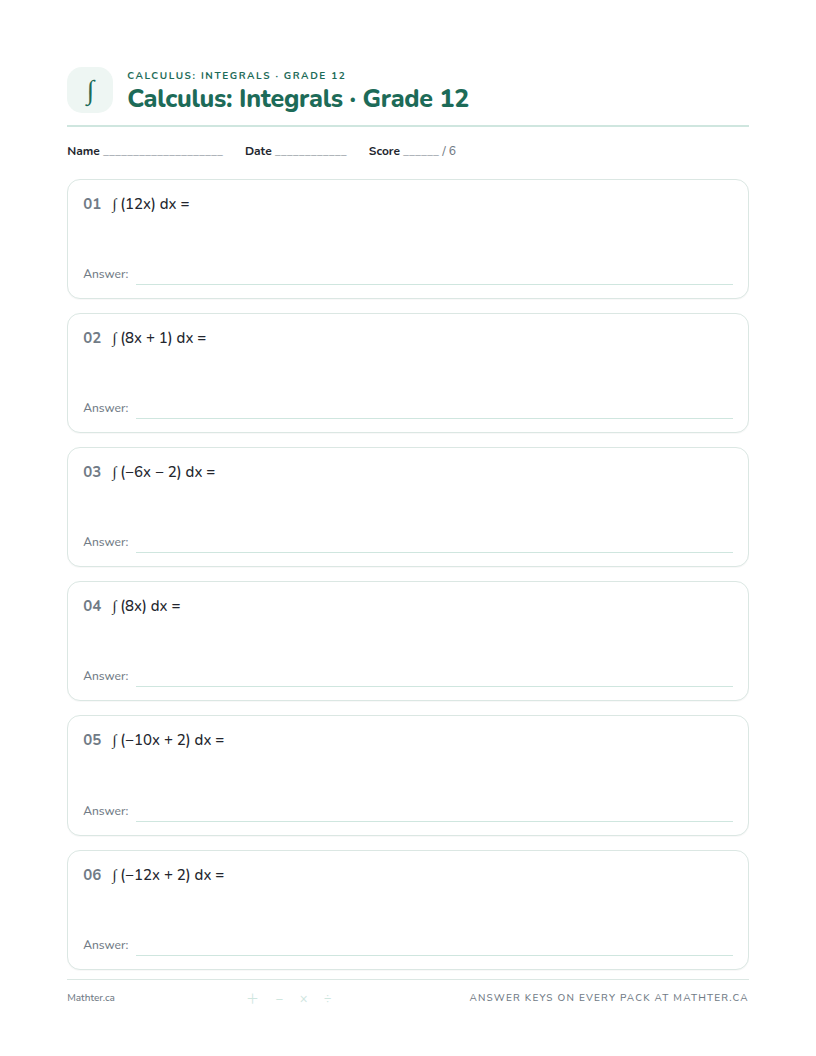 Beginner Grade 12 integrals (calculus) worksheet, page one