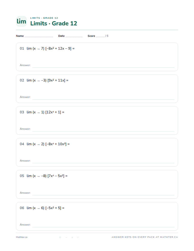 Advanced Grade 12 limits worksheet, page one